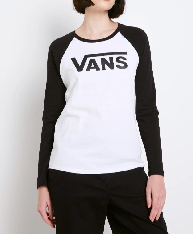 Vans Womens Flying V Logo Long Sleeve Raglan T-Shirt / White Black / RRP £28