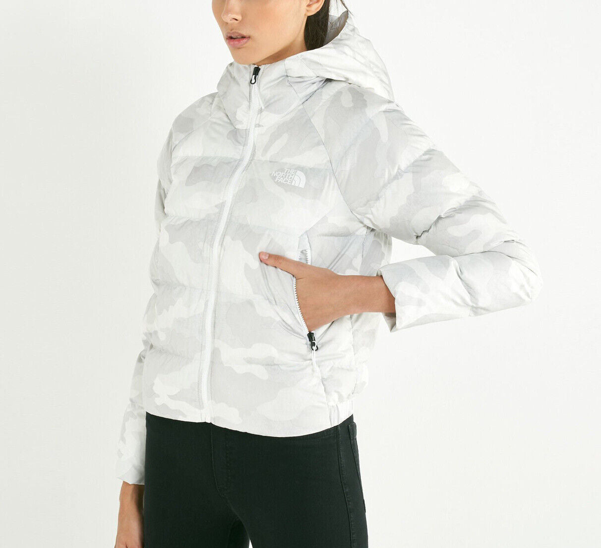 The North Face Women's Hyalite Down Hooded Puffer Jacket / White Camo / Large