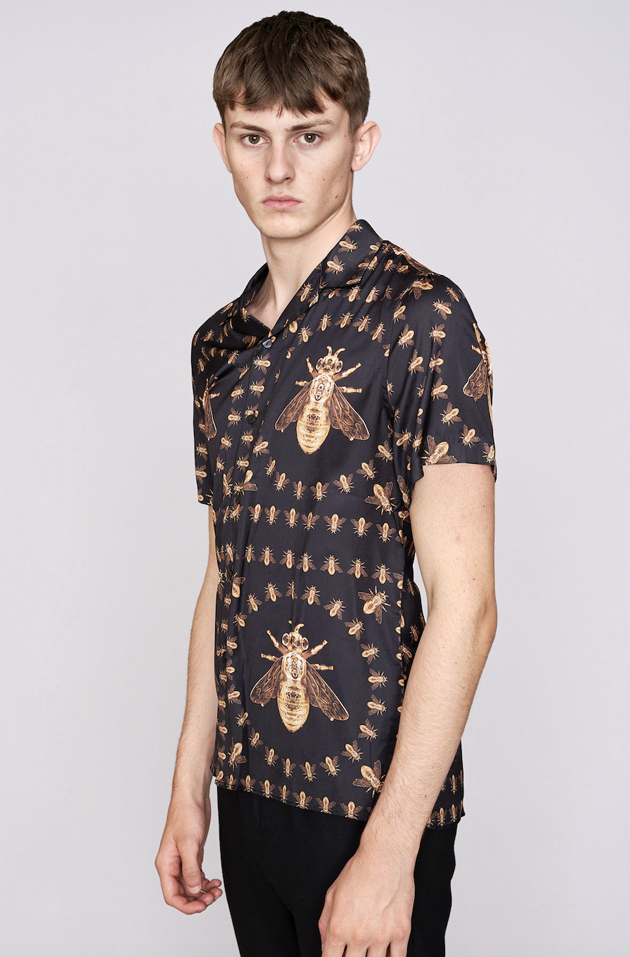 Hermano Bee Print Short Sleeve Resort Shirt / Black / BNWT / RRP £45