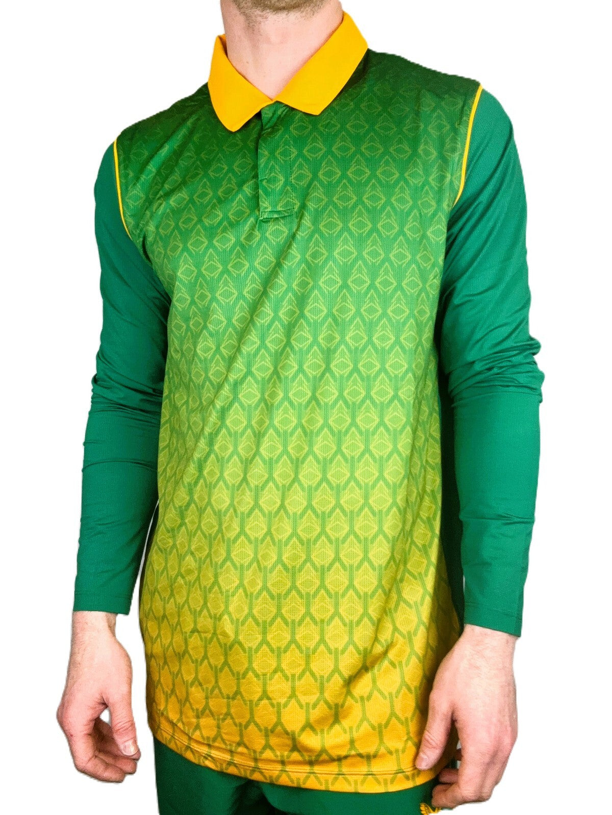 Castore Mens Long Sleeve ODI Cricket Polo Shirt / BNWT / Green Yellow / RRP £50