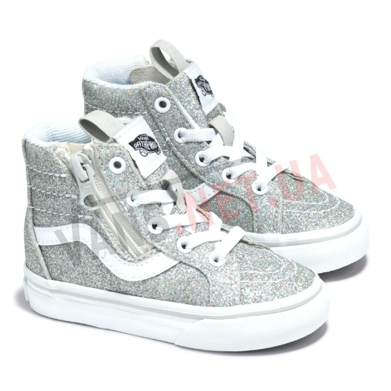 Vans Kids Sk8 Hi Side Zip Glitter Trainers / Silver White / RRP £45
