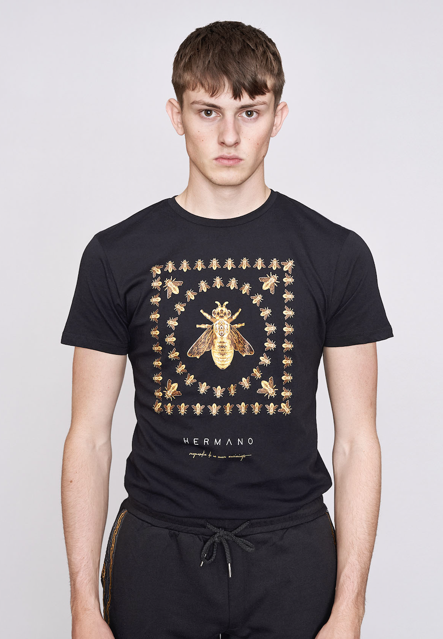 Hermano Mens Bee Design Short Sleeve Tee / Black / RRP £35