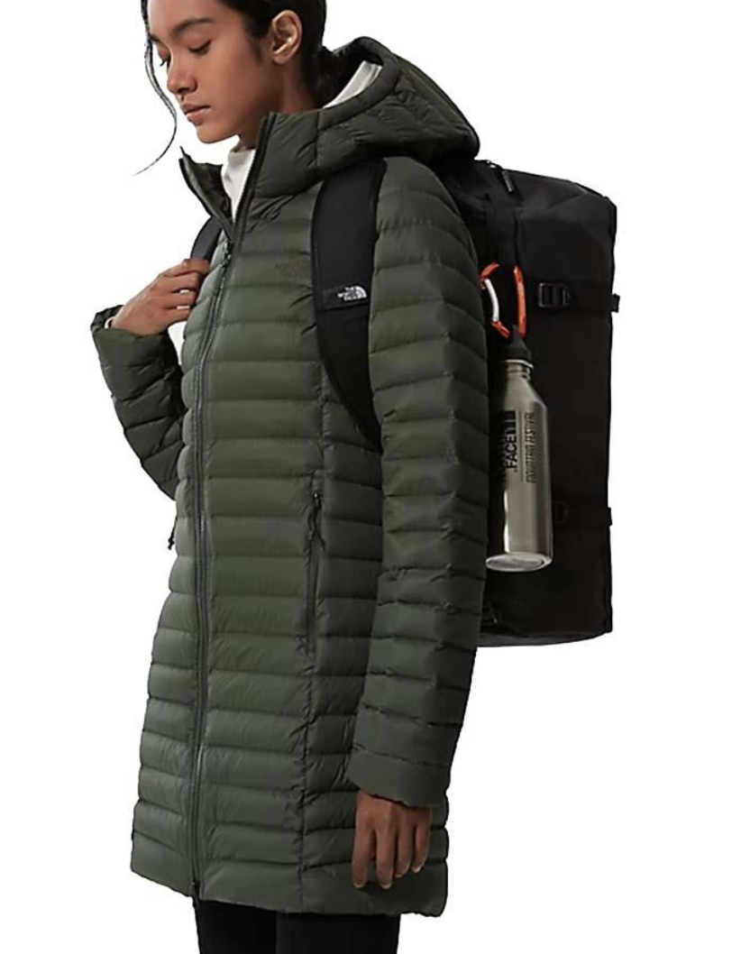 The North Face Women’s Stretch Down Parka – Thyme, Three-Piece Hood, Slim Fit