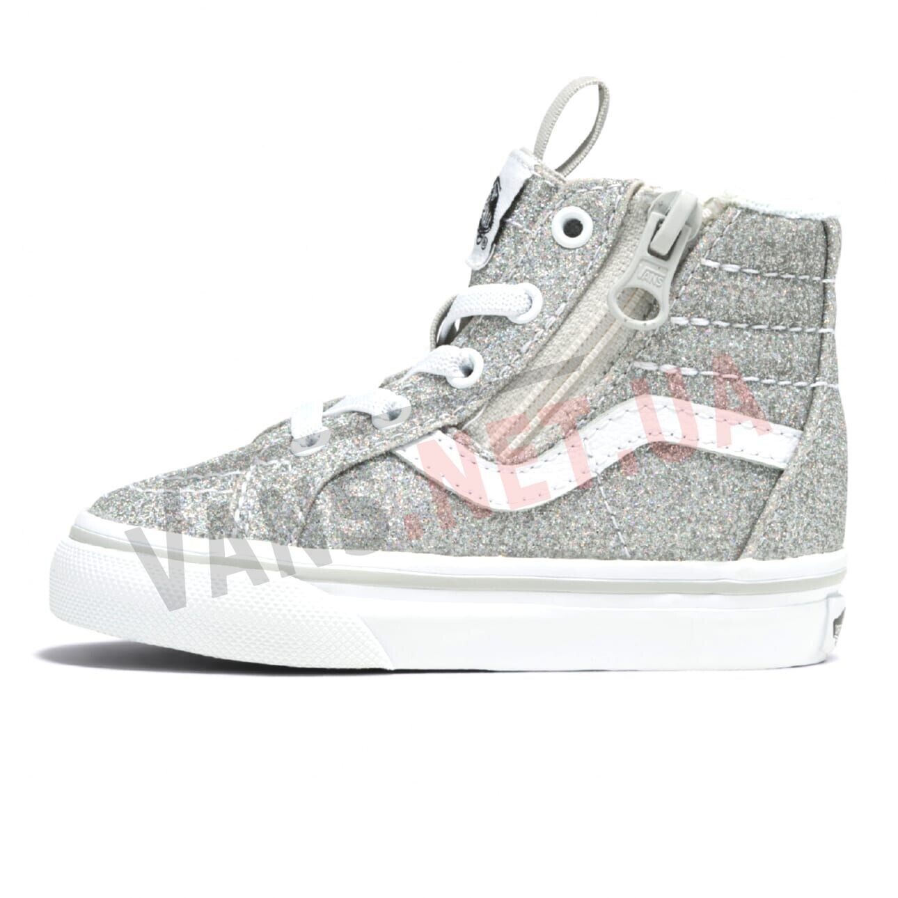 Vans Kids Sk8 Hi Side Zip Glitter Trainers / Silver White / RRP £45