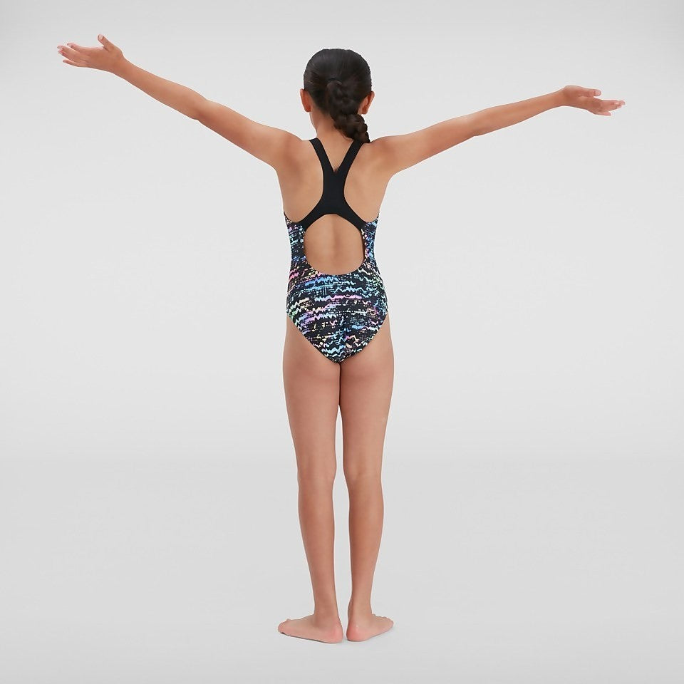 Speedo Girls Black Blue Swimsuit / Digital Placement Allover Medalist / RRP £22