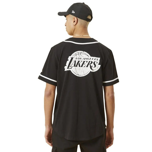 New Era Mens LA Lakers Distressed Logo Baseball Jersey / Black White / RRP £65