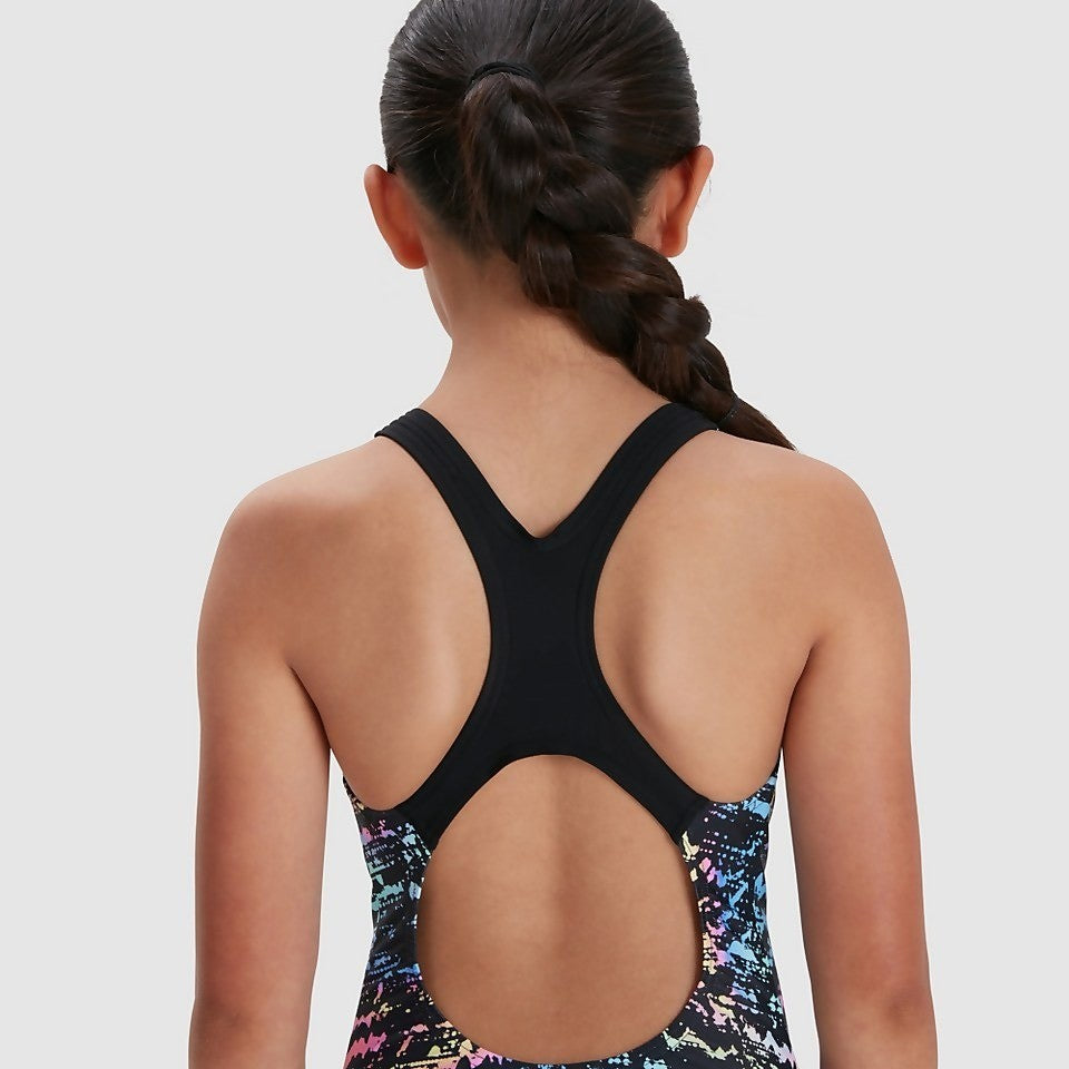 Speedo Girls Black Blue Swimsuit / Digital Placement Allover Medalist / RRP £22