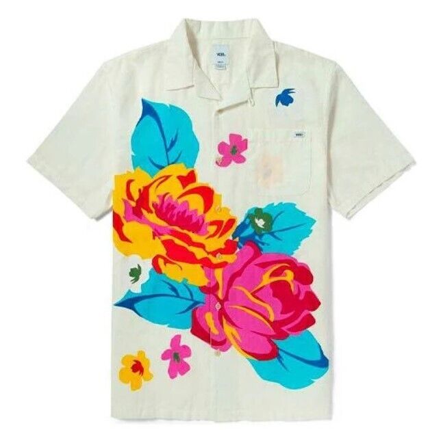 Vans Mens Flower And Plants Print Leisure Short Sleeve Shirt Natural RRP £60
