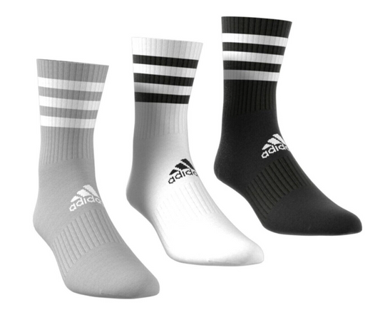 Adidas Unisex 3 Stripe Cushion 3 Pack Crew Socks / RRP £15 / White Grey Black