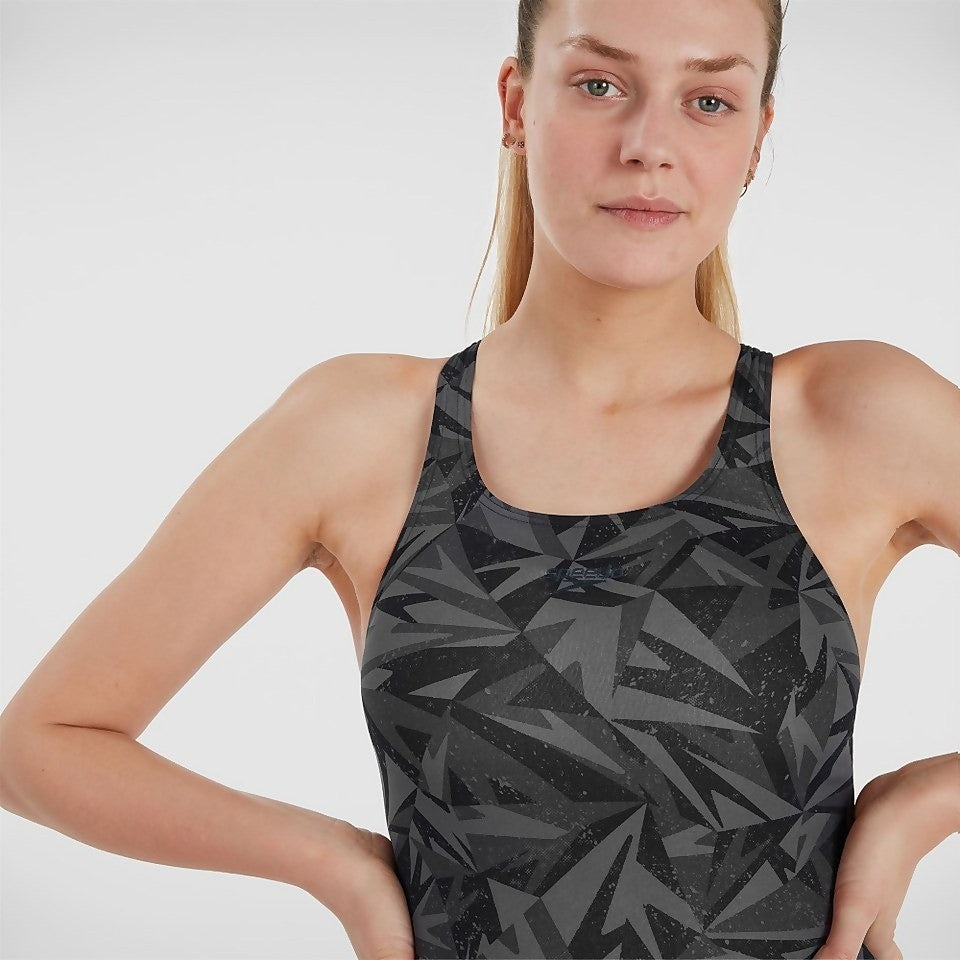 Speedo Women's Hyperboom Allover Medalist Swimsuit / Black Grey / RRP £38