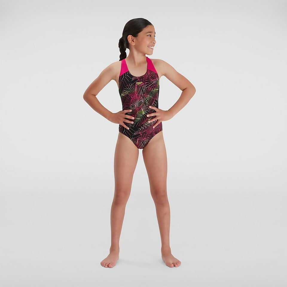 Speedo Girls Allover Splashback Swimsuit / Black Pink / RRP £19