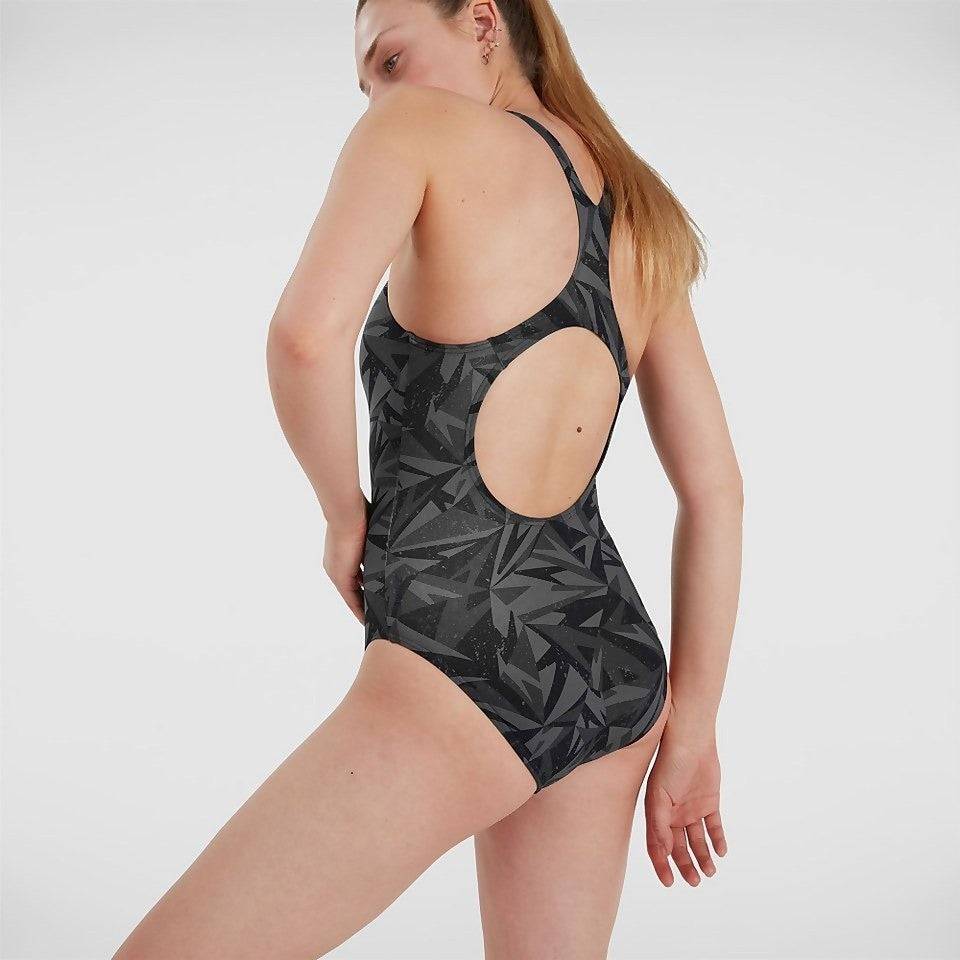 Speedo Women's Hyperboom Allover Medalist Swimsuit / Black Grey / RRP £38