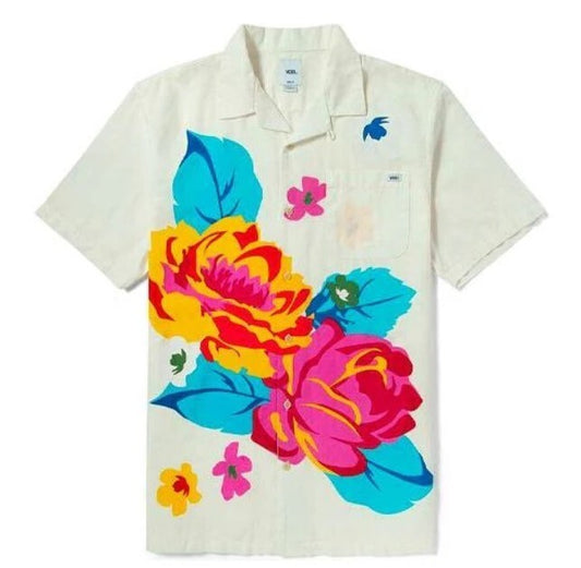 Vans Mens Flower And Plants Print Leisure Short Sleeve Shirt Natural RRP £60