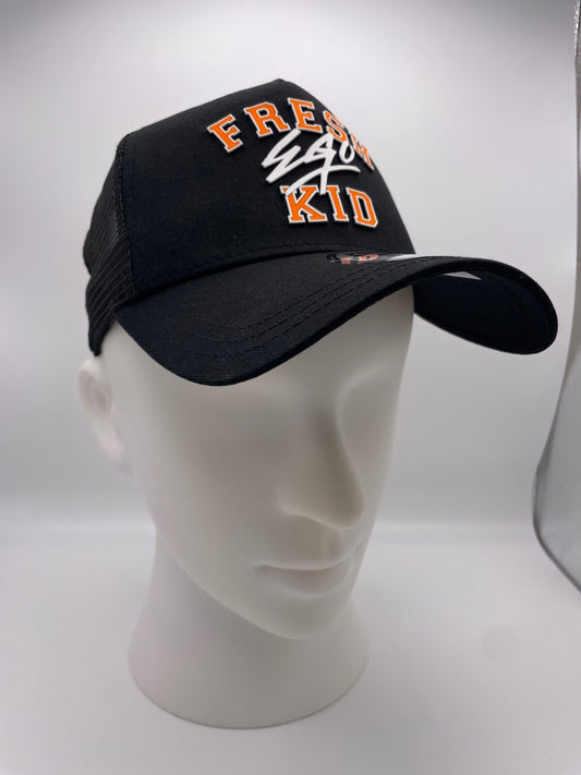 Fresh Ego Kid New Era Varsity Trucker Snapback Hat / Black Orange / RRP £35