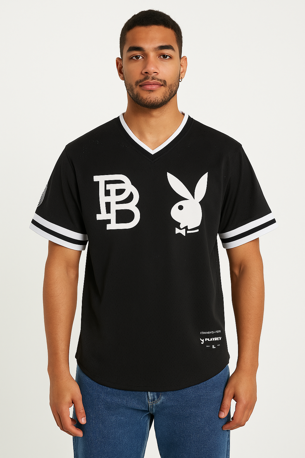 Playboy Mens Black Tux V-Neck Mesh Jersey / Black/White / RRP £35