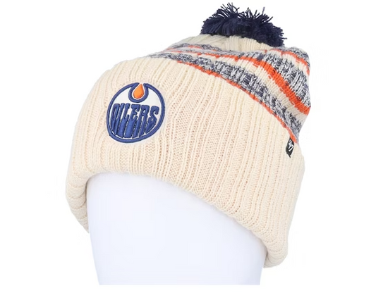 Edmonton Oilers Winter Beanie Bobble Hat / NFL / Ivory Orange Blue / RRP £30