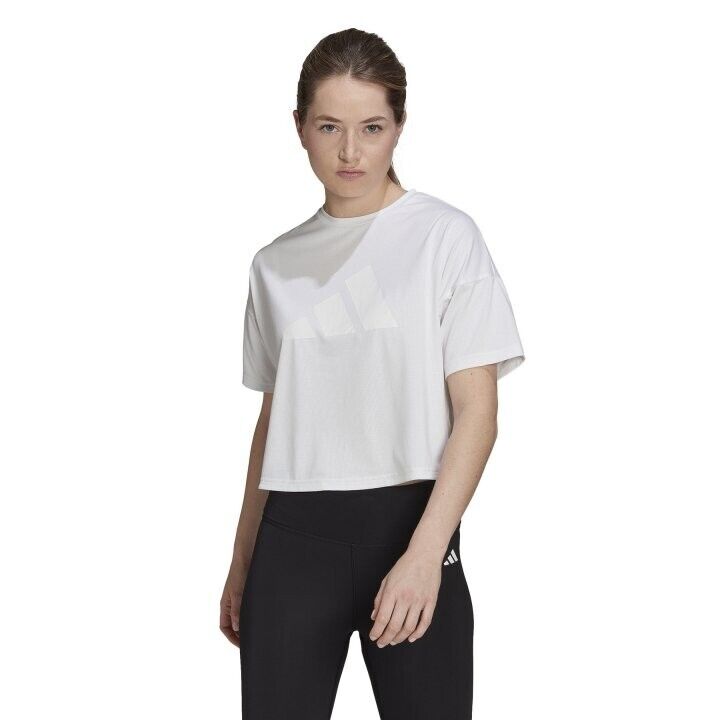 Adidas Womens Train Icon 3 Bar Cropped Logo T-Shirt / White / RRP £30