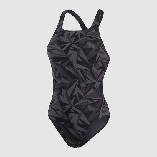 Speedo Women's Hyperboom Allover Medalist Swimsuit / Black Grey / RRP £38