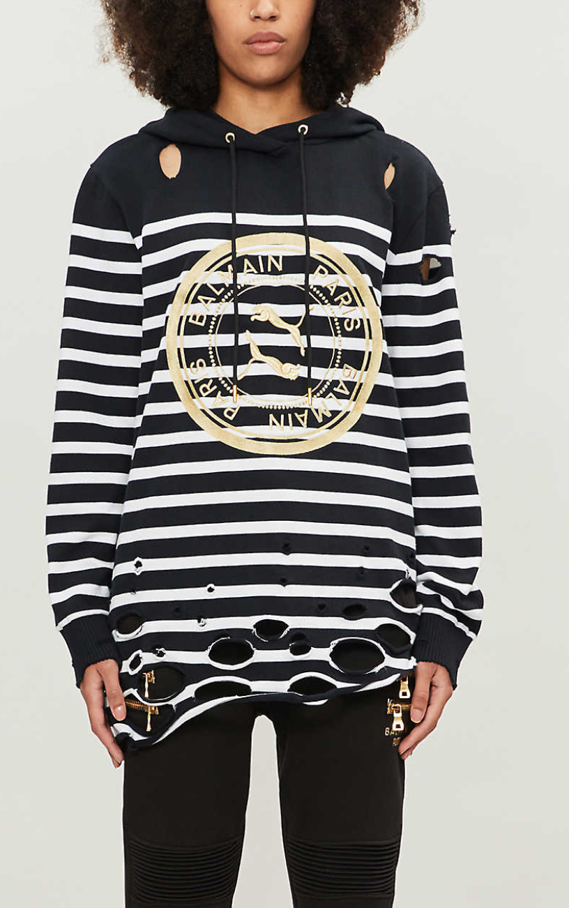 Puma X Balmain Women's Distressed Striped Hoodie / BNWT / Puma Black / RRP £400