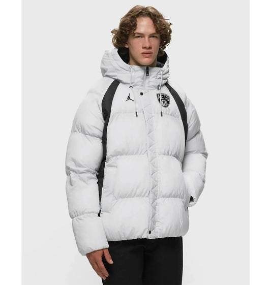 Nike Jordan Mens Brooklyn Nets Puffer Jacket / Light Grey Black / RRP £230