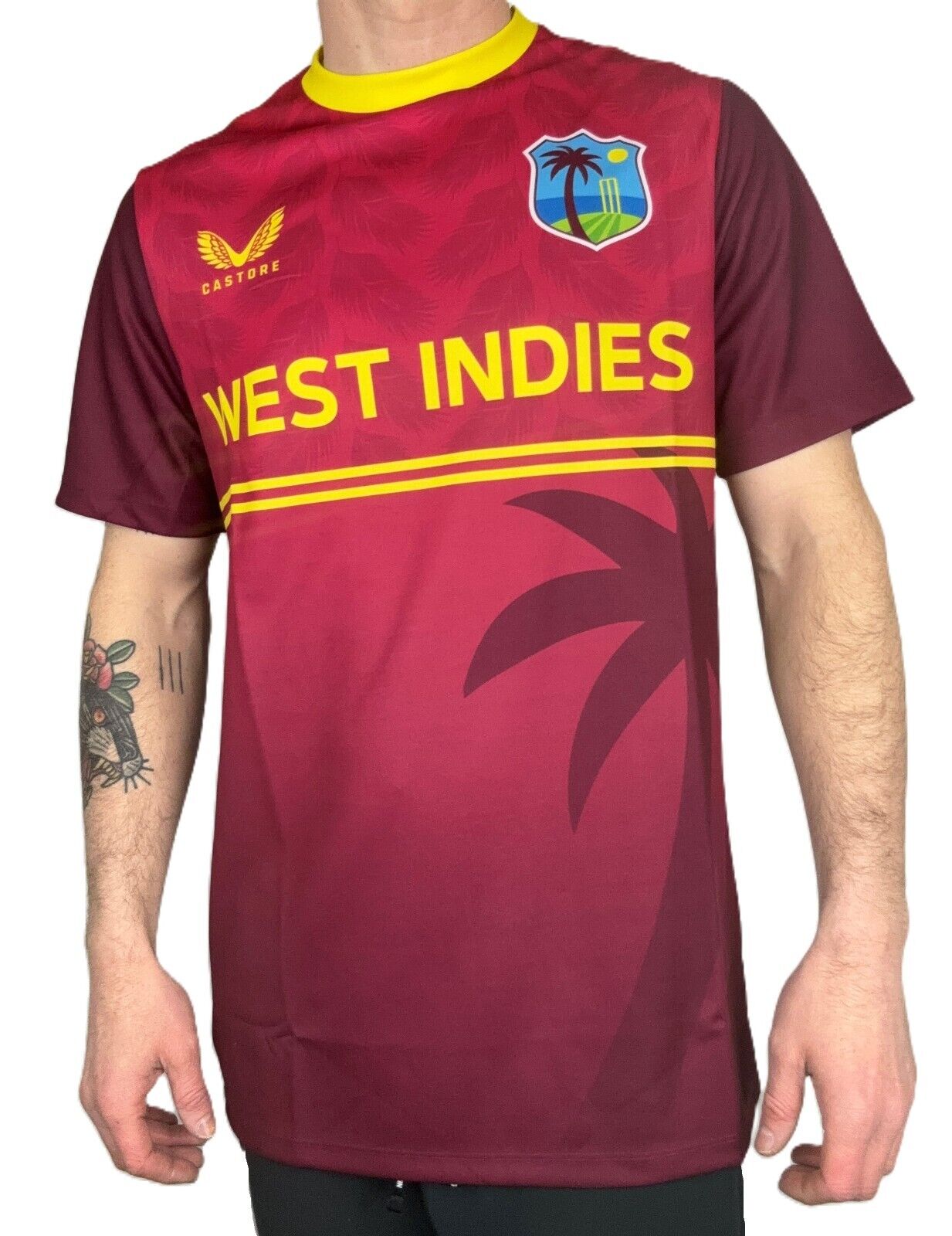 Castore Mens West Indies ODI Take Down SS Cricket Top / Maroon / RRP £50