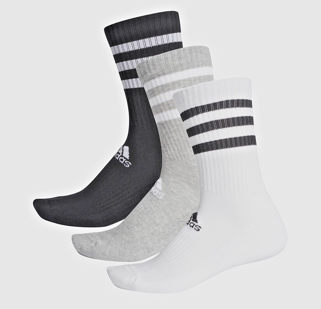 Adidas Unisex 3 Stripe Cushion 3 Pack Crew Socks / RRP £15 / White Grey Black