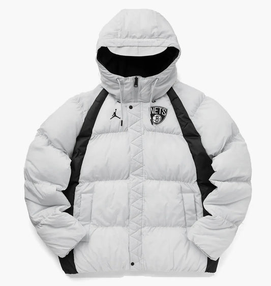 Nike Jordan Mens Brooklyn Nets Puffer Jacket / Light Grey Black / RRP £230