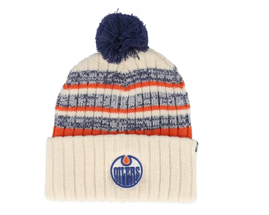 47 Brand NHL Edmonton Oilers Winter Beanie Bobble Hat / Ivory Orange Blue / RRP £30