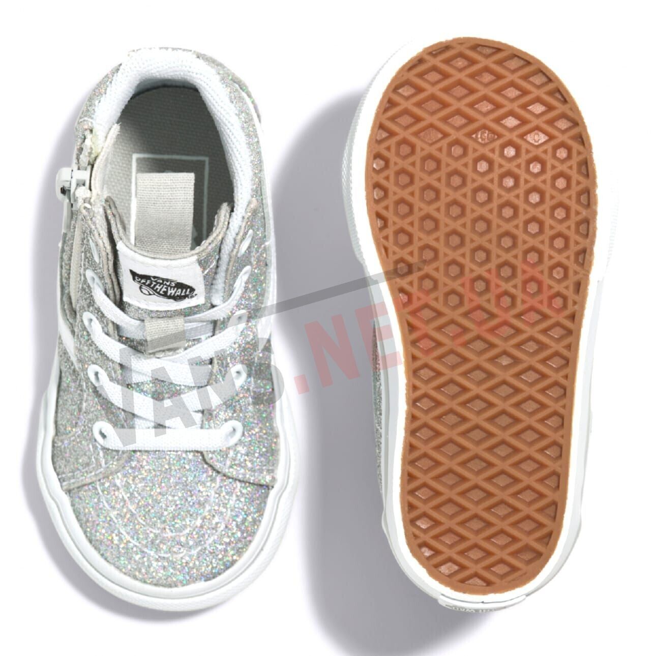 Vans Kids Sk8 Hi Side Zip Glitter Trainers / Silver White / RRP £45