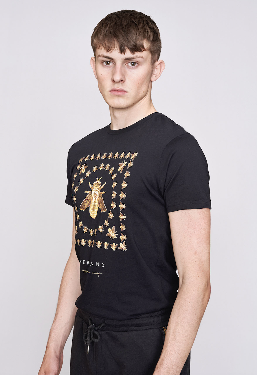 Hermano Mens Bee Design Short Sleeve Tee / Black / RRP £35