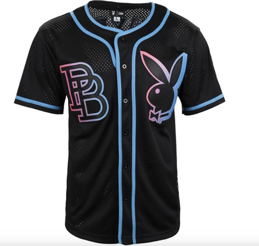 Playboy Mens Vice Mesh Button Down Jersey / Black/Pink/Blue / RRP £35