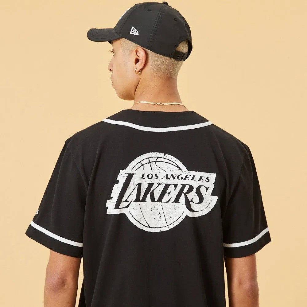 New Era Mens LA Lakers Distressed Logo Baseball Jersey / Black White / RRP £65