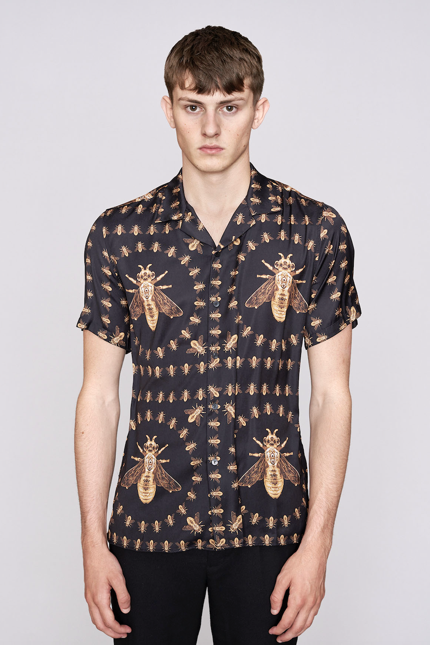 Hermano Bee Print Short Sleeve Resort Shirt / Black / BNWT / RRP £45